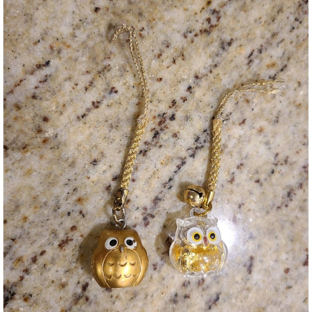 Vintage Owl Ornaments Hanging Decor. Gold Tone. Bell. Japan. Set of 2